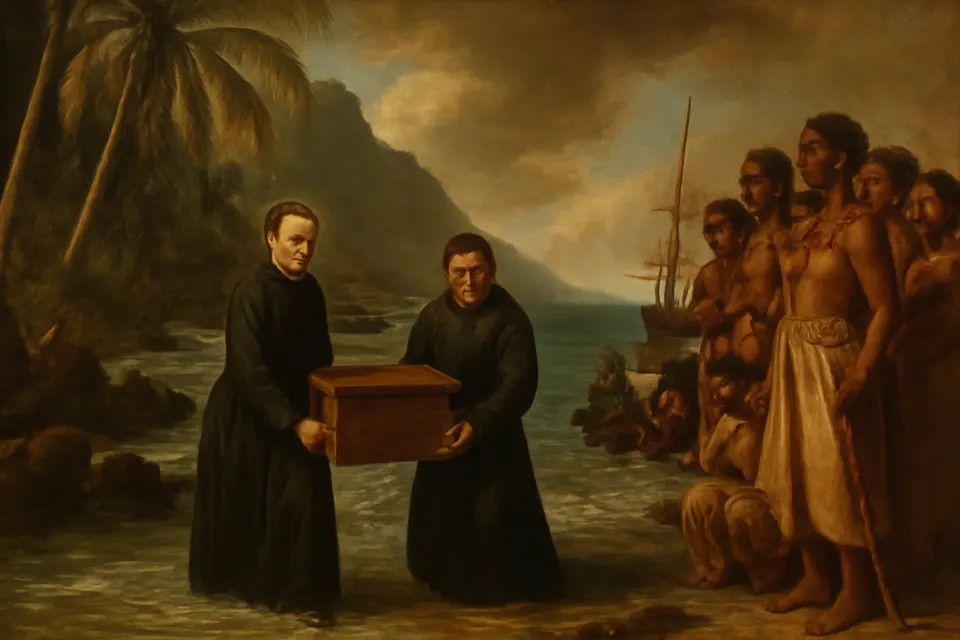 Illustration of a young French priest and a teenage brother stepping ashore on a Pacific island in 1837, greeted by islanders