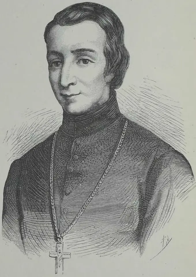 Engraved portrait of Peter Chanel as a young priest with thick dark hair, in a cassock with a crucifix on a chain