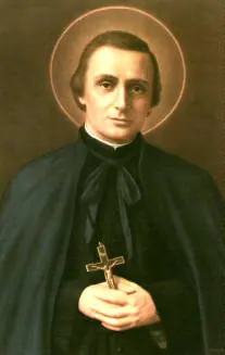 Devotional portrait of a young dark-haired priest with a halo, wearing a black cassock and cape, holding a small crucifix in both hands