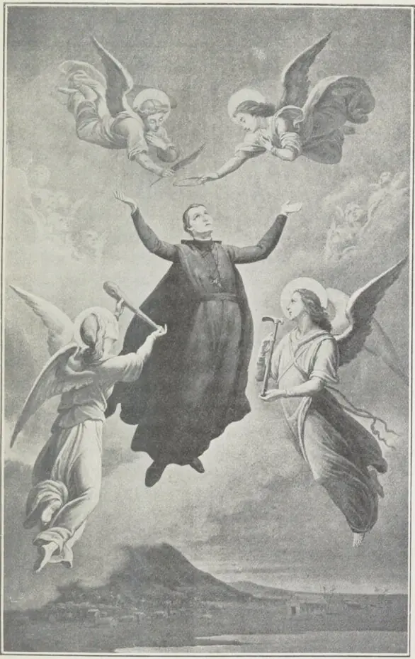 Old print of a priest in a cassock rising into the sky with arms open, surrounded by angels who carry a crown, a palm, a club and an adze
