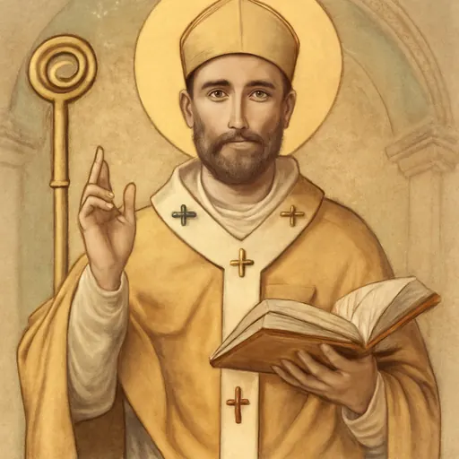 Oil-painting-style portrait of St. Peter Chrysologus as a dark-bearded bishop in a gold cope and white pallium, holding an open book of sermons