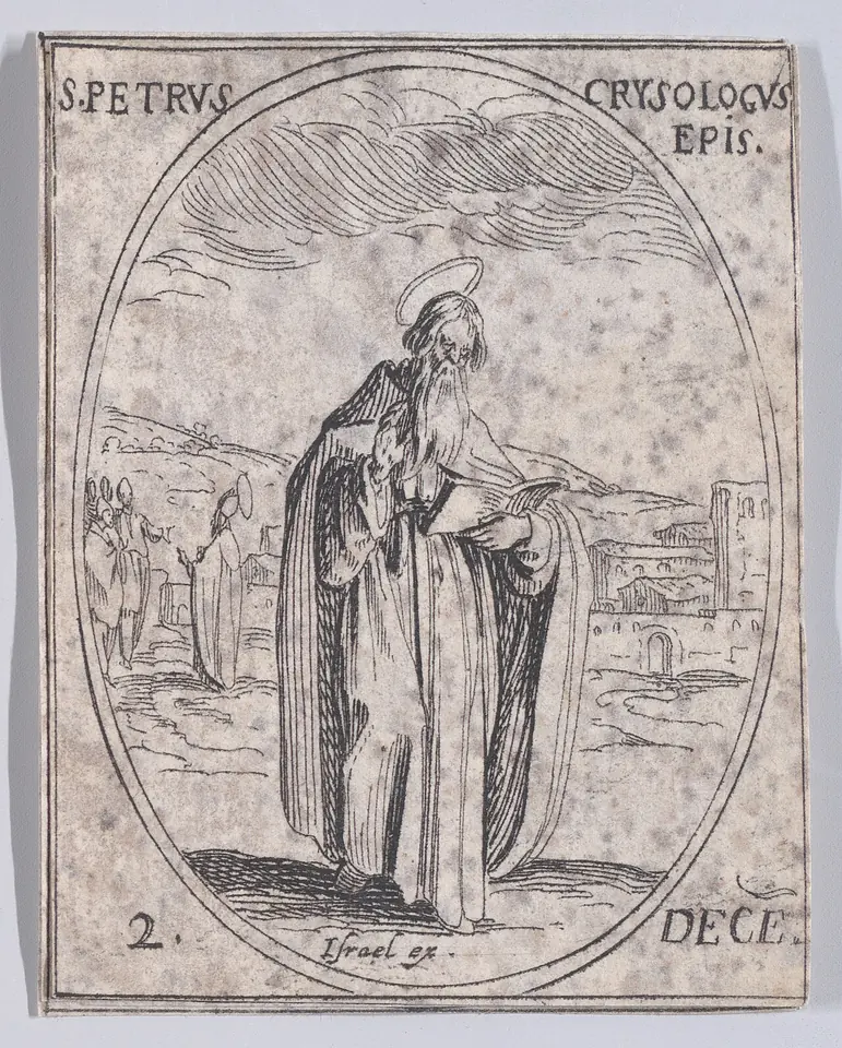 Small oval etching of a haloed bishop in a long cope reading a book as he walks in a landscape, with a town and a group of figures behind him