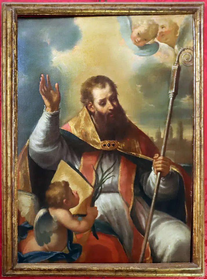 Eighteenth-century painting of a bearded bishop in a red and gold cope and miter raising his right hand toward cherubs in the sky while a small angel holds his book and crozier