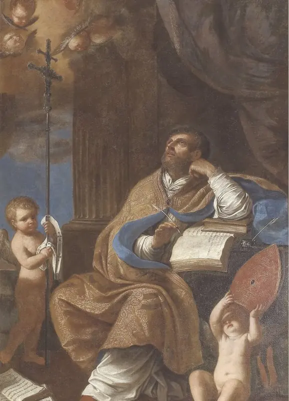 Baroque painting of a bearded bishop in a gold-embroidered cope seated at a desk with an open book, gazing upward in thought while two cherubs hold his crozier and miter