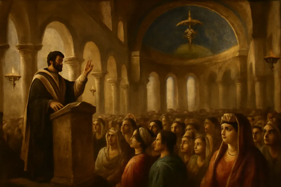 Oil-painting-style scene of St. Peter Chrysologus preaching a short sermon to a crowded congregation in a mosaic-lined church in Ravenna