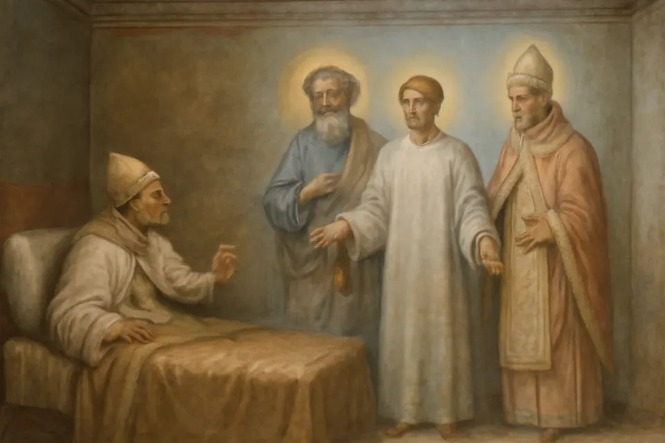 Fresco-style scene of Pope Sixtus III seeing St. Peter the Apostle and St. Apollinaris present a young deacon to him in a vision