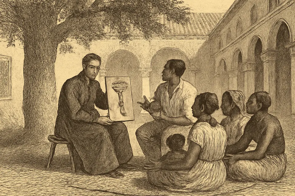 Ilustración en estilo grabado de Pedro Claver y un intérprete africano enseñando la fe a un grupo de africanos recién llegados a la sombra de un patio