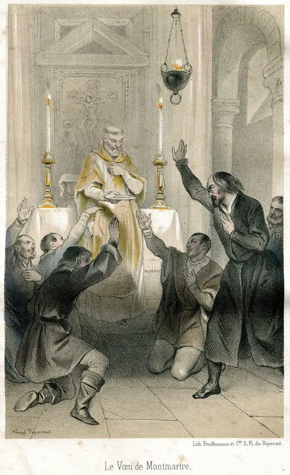 Lithograph of a priest at a candlelit altar raising the host while six companions kneel before him with their arms lifted