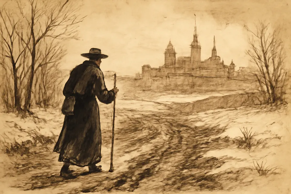 Ink-drawing-style illustration of a Jesuit priest walking alone along a wintry road toward a walled German city