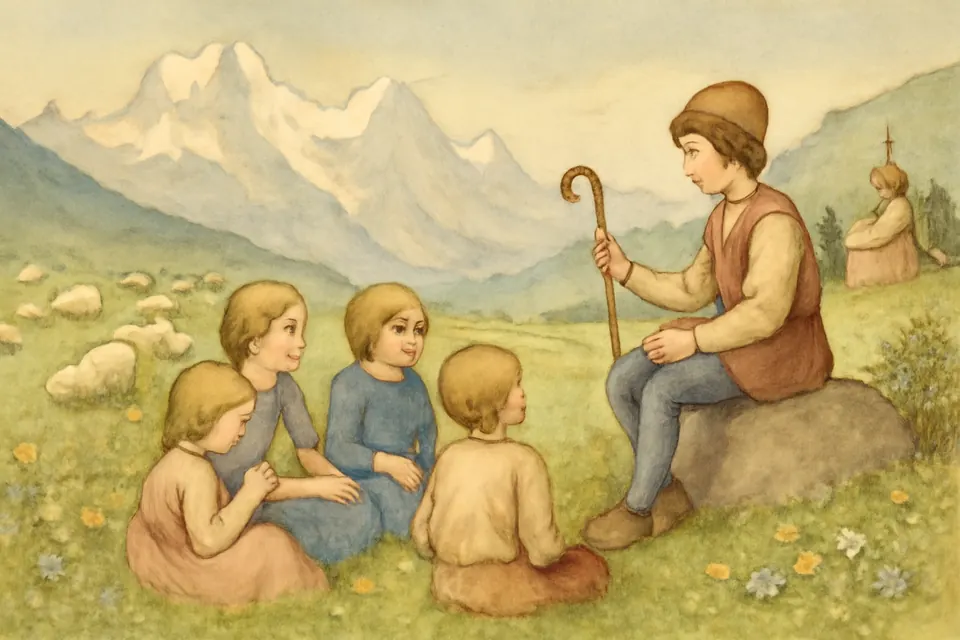 Watercolor-style illustration of a young shepherd boy teaching the catechism to other children in an Alpine meadow