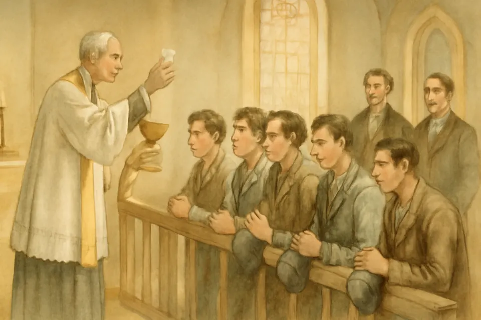 Watercolor-style scene of a priest giving First Communion to a row of young working men in shabby clothes kneeling at a chapel rail in Paris