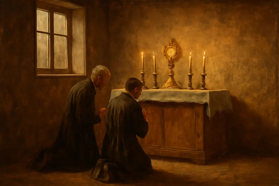 Oil-painting-style scene of two priests kneeling in a small, poor Paris chapel before a monstrance on a plain altar, lit by candles at dawn