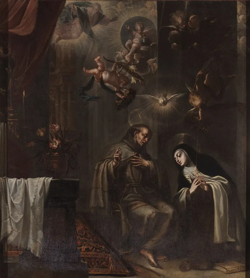 Dark painting of an old barefoot friar in a brown habit seated and listening as a Carmelite nun in black and white veil kneels beside him, with angels and a dove of light in the shadows above