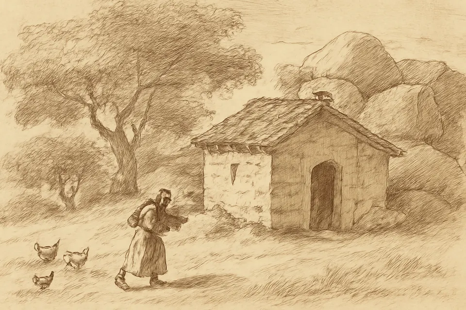 Ink-drawing-style illustration of a minuscule stone friary half hidden among oaks and rocks in hill country
