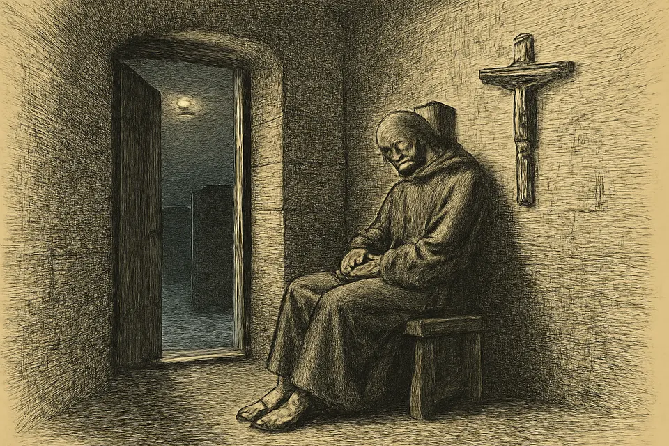 Engraving-style illustration of a thin friar sleeping upright on a tiny stool in a narrow cell, his head resting on a wooden peg in the wall