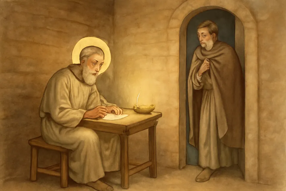 Watercolor-style scene of a bishop in hiding writing a letter by lamplight while a young messenger waits at the door