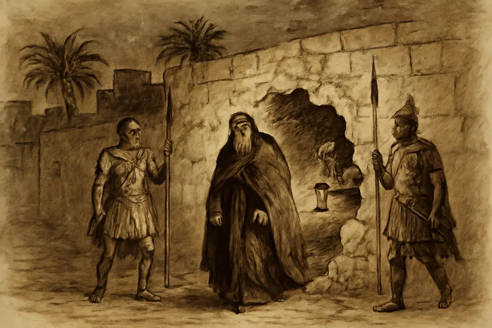 Ink-drawing-style scene of an old bishop led by soldiers through a gap in the back wall of a prison at night