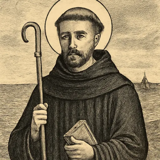 Engraving-style portrait of St. Peter of Canterbury, a middle-aged Benedictine abbot in a black habit holding an abbot's staff, with a small sailing boat on a gray sea behind him