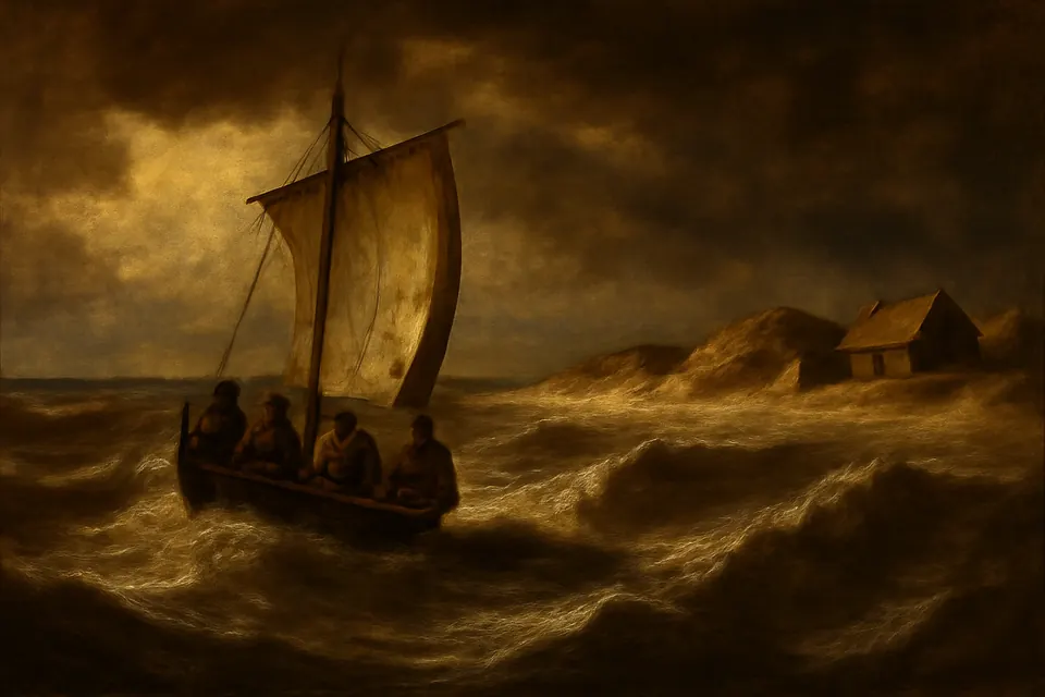 Oil-painting-style scene of a small open boat struggling through high gray waves in a bay along a low sandy coast