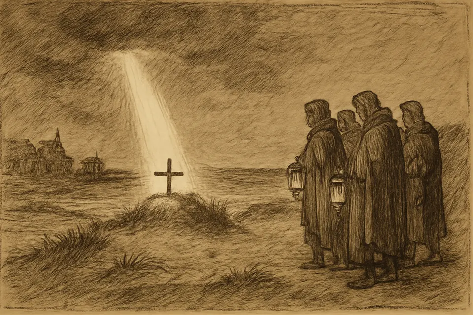 Ink-drawing-style scene of villagers on a dark seashore looking in wonder at a soft light shining over a small grave mound