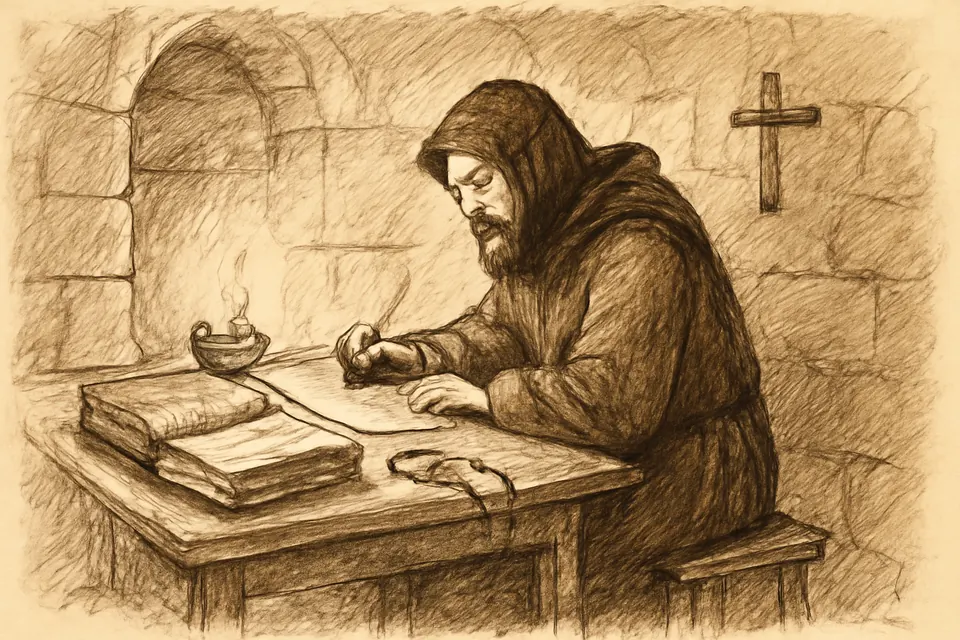 Ink-drawing-style scene of a monk copying passages from old books by lamplight in a bare stone cell