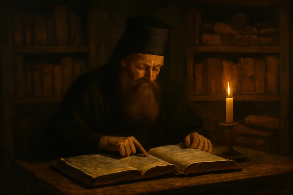 Oil-painting-style scene of a Greek monk comparing two old manuscripts by candlelight in a monastery library