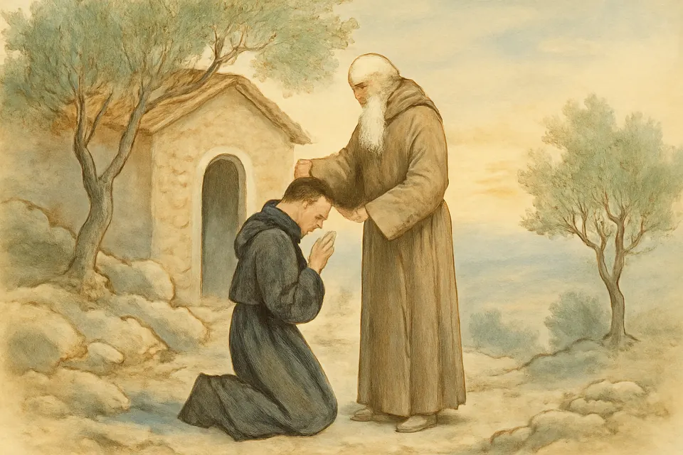 Watercolor-style scene of a younger monk kneeling for the blessing of an old monk outside a stone hermitage