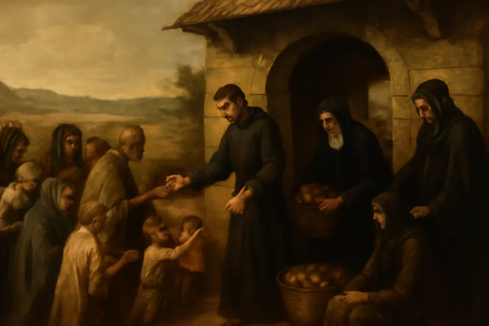Oil-painting-style scene of a young monk handing out loaves of bread to a crowd of hungry families at the gate of a country monastery in Asia Minor