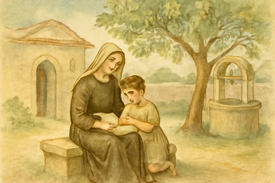 Watercolor-style scene of a young woman teaching a small boy to read the Psalms from a scroll in a sunlit country courtyard