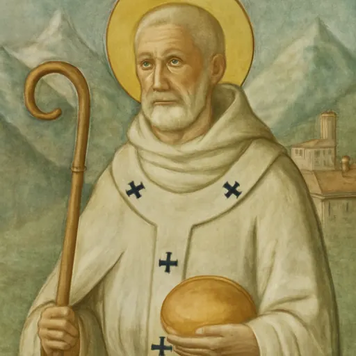Fresco-style portrait of St. Peter of Tarentaise, an elderly archbishop with a white beard wearing a white Cistercian cowl and a pallium, holding a crozier and a loaf of bread