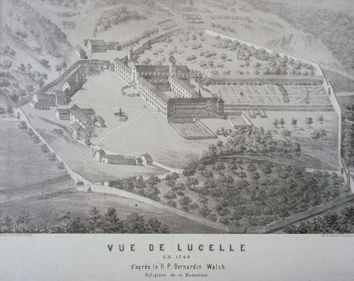 An engraved bird's-eye view of a large walled abbey with long buildings, gardens and a church in a wooded valley