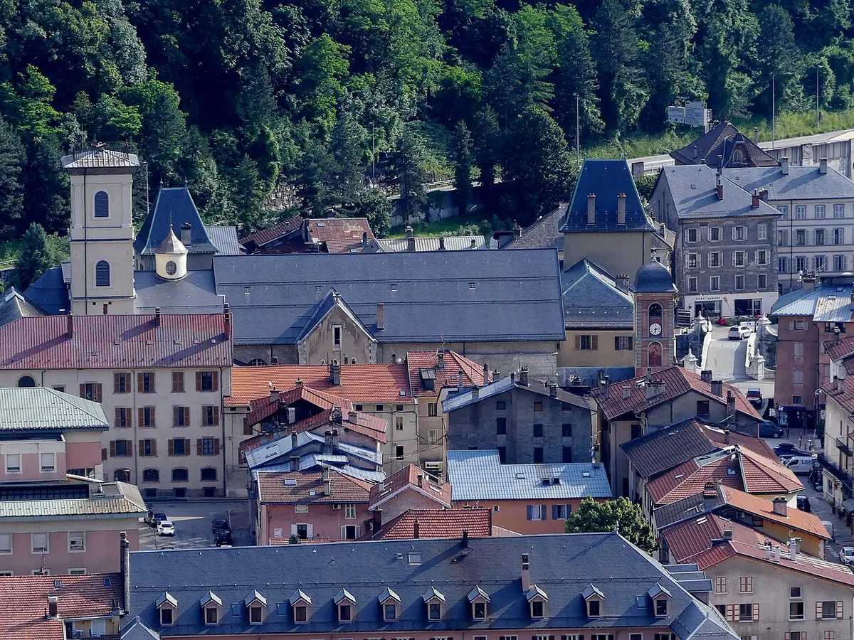 Rooftops of a small Alpine town with a cathedral bell tower among wooded mountain slopes