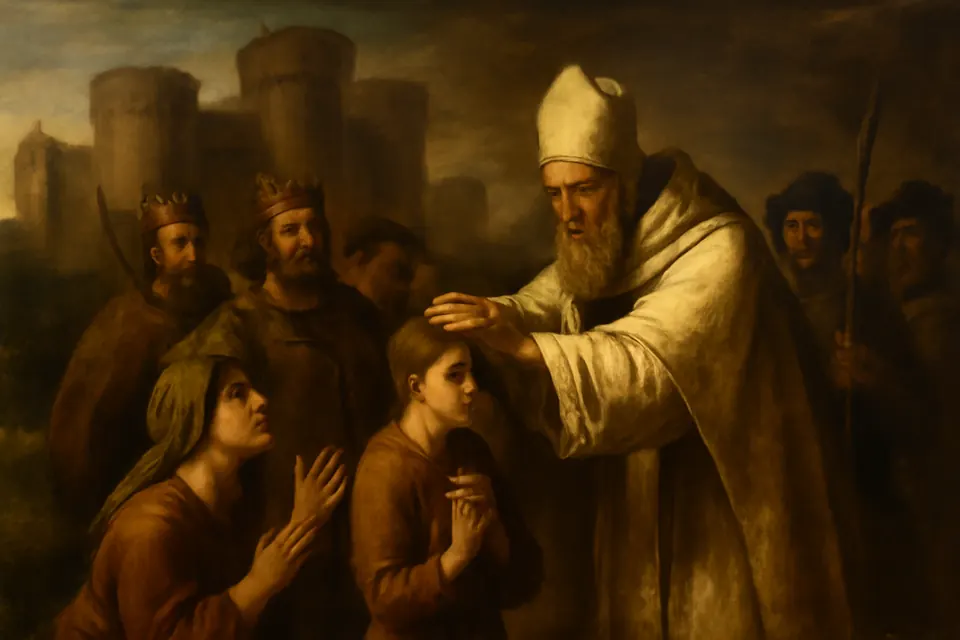 Oil-painting-style scene of an old archbishop blessing the eyes of a twelve-year-old boy before a crowd while two kings look on