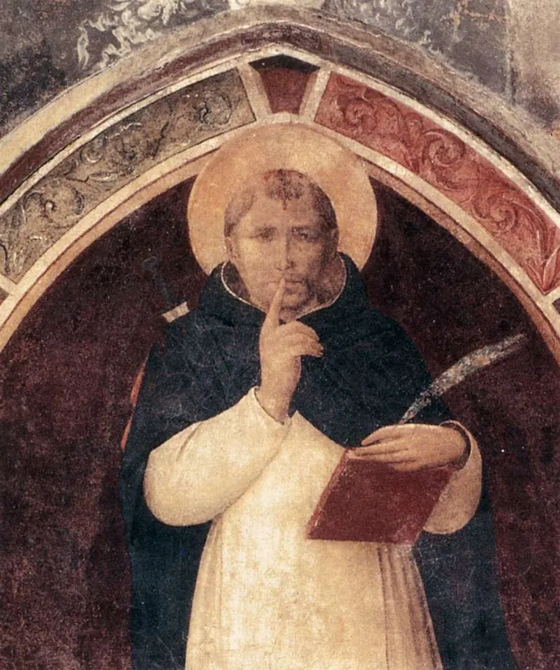 Fresco in a pointed lunette of St. Peter Martyr in a black-and-white Dominican habit, pressing a finger to his lips and holding a red book, with a small blade in his head and a palm frond