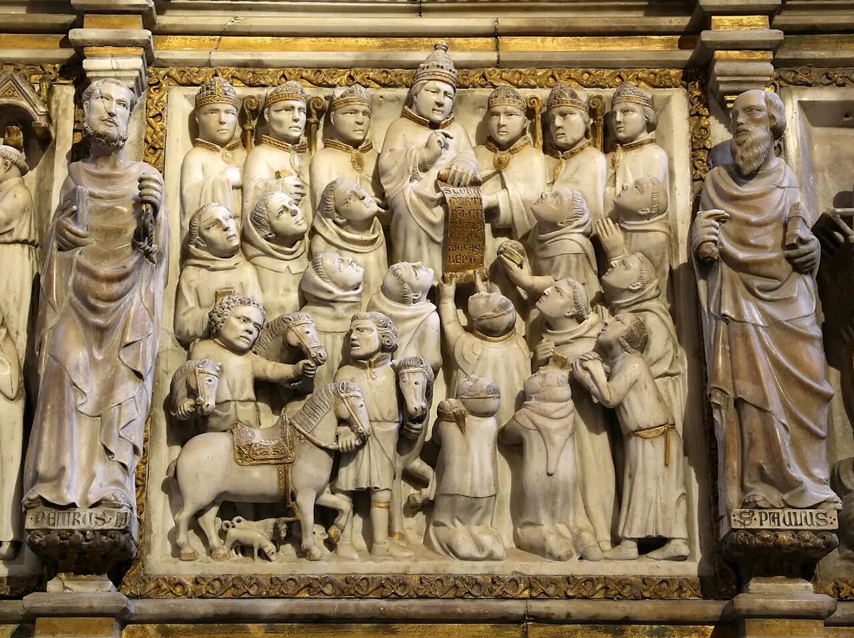 Marble relief of a crowded scene with the pope enthroned among cardinals and friars, proclaiming Peter a saint, flanked by statues of saints
