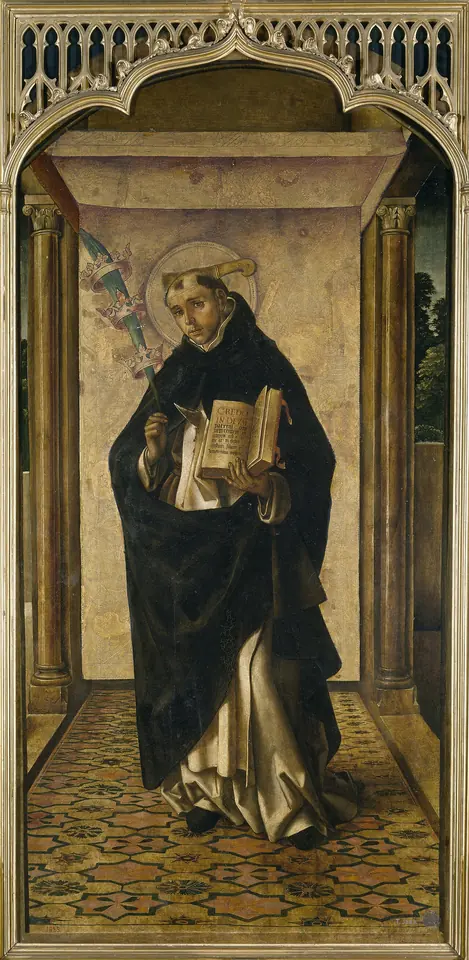 Spanish panel painting of St. Peter Martyr standing in a Gothic niche in his black-and-white habit, holding a book and a palm, with a blade in his head