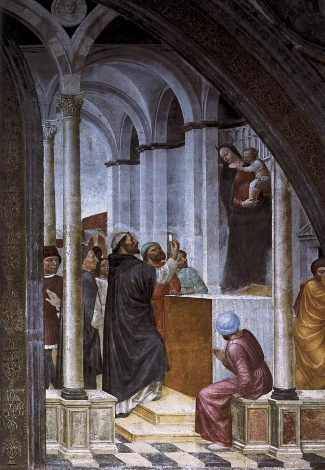 Renaissance fresco of St. Peter raising a consecrated Host toward a false image of the Madonna and Child in a Gothic church, as kneeling worshipers look on