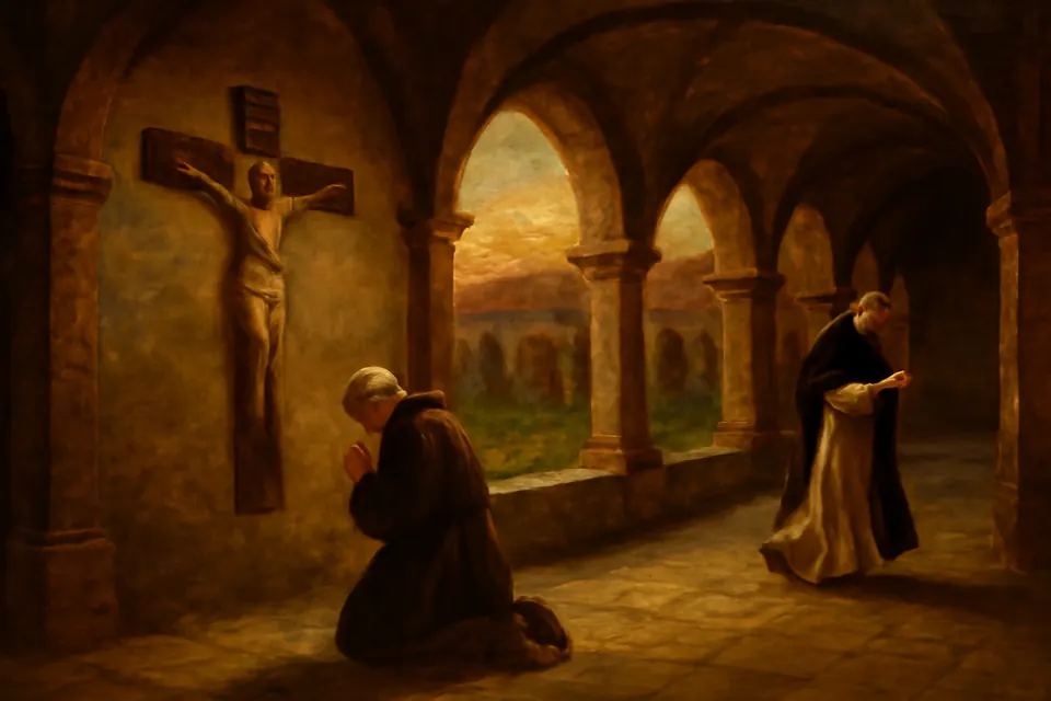 Illustration of a repentant man in a lay brother's habit kneeling in prayer in a Dominican cloister at dawn