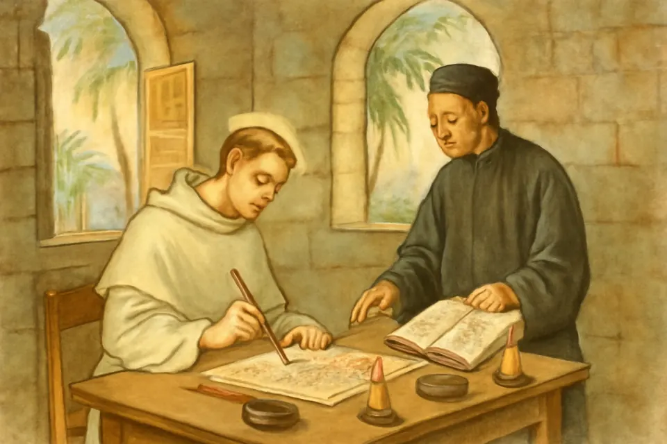 Watercolor-style scene of a Dominican friar in a white habit studying Chinese characters with a Chinese teacher at a table in a colonial convent
