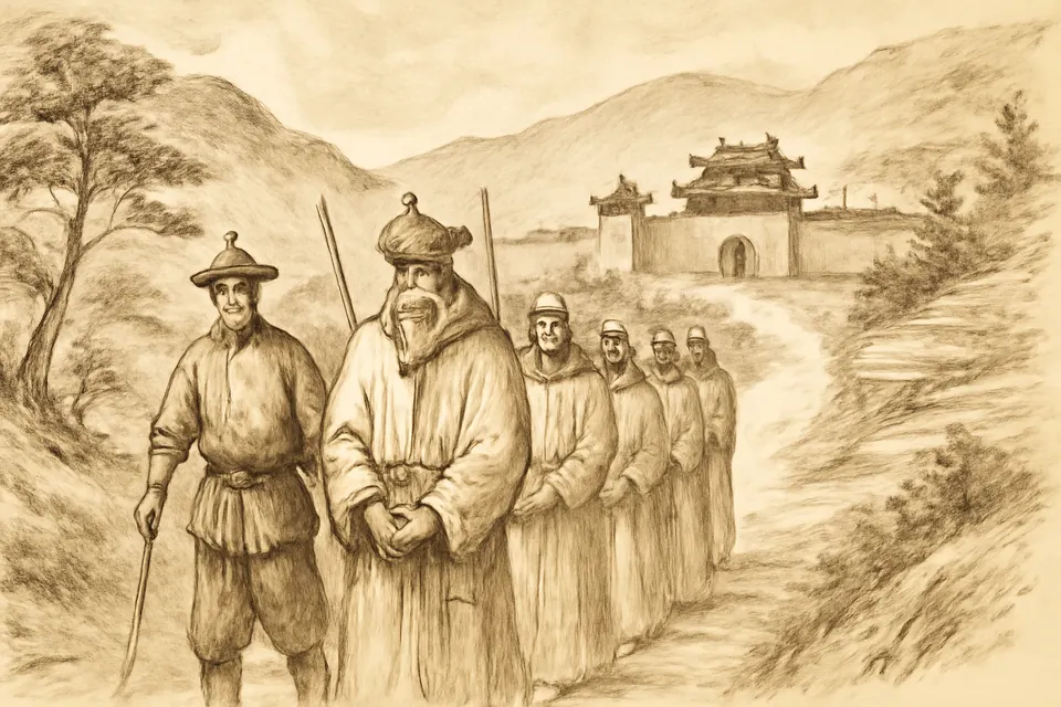 Ink-drawing-style scene of an old bishop in chains walking a long mountain road under guard toward a walled city