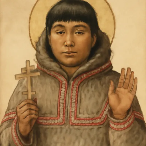 Watercolor-style portrait of St. Peter the Aleut as a young Alaska Native man in a hooded parka, holding a small cross