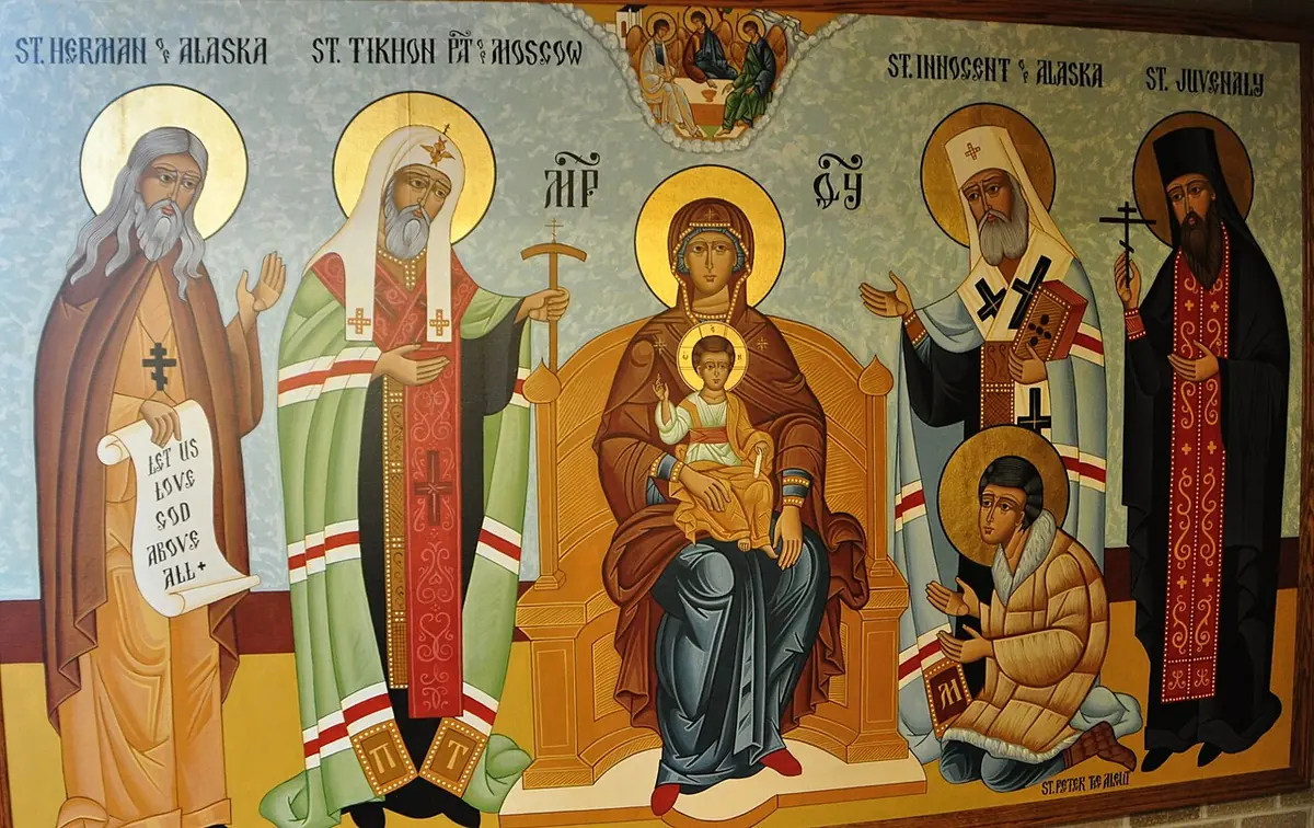 Painted icon of the Virgin and Child enthroned, flanked by St. Herman, St. Tikhon, St. Innocent and St. Juvenaly, with young St. Peter the Aleut kneeling at the lower right