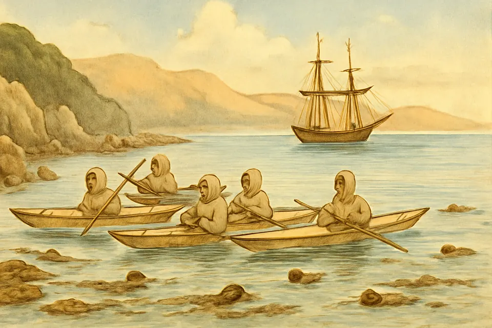 Illustration of Kodiak hunters paddling skin kayaks along the rocky California coast in 1815