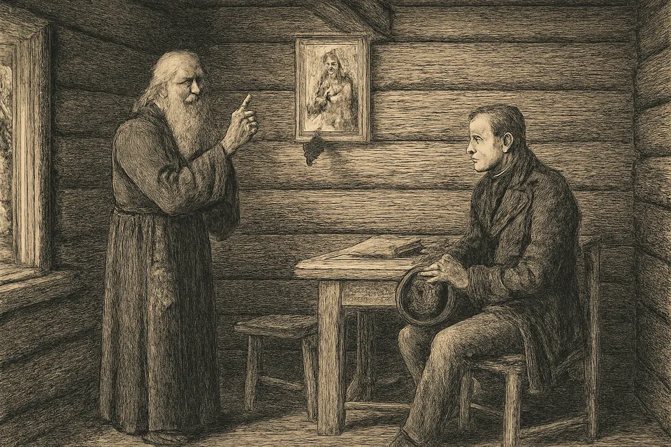 Illustration of the old monk Herman standing before an icon and crossing himself after hearing of Peter's death, while a Russian official sits at a table