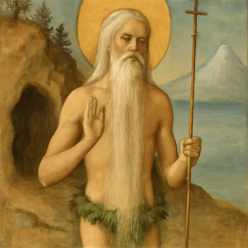 Fresco-style portrait of St. Peter the Athonite, an aged hermit with a long white beard and hair, holding a staff with a cross, before the rocky slopes of Mount Athos