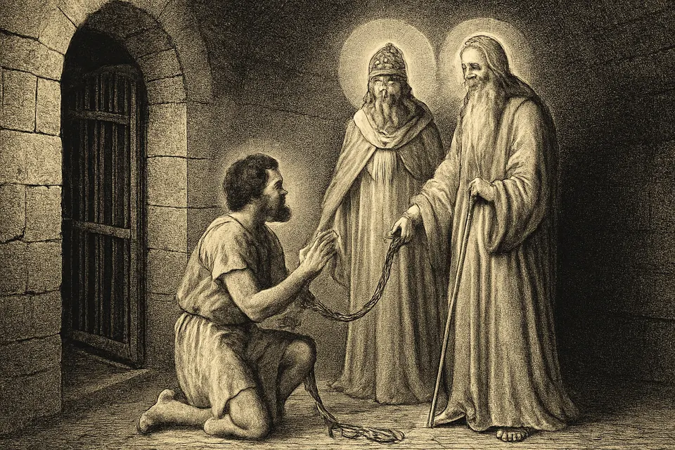 Engraving-style scene of St. Nicholas and St. Simeon appearing to the captive soldier Peter in a prison cell as his chains fall away