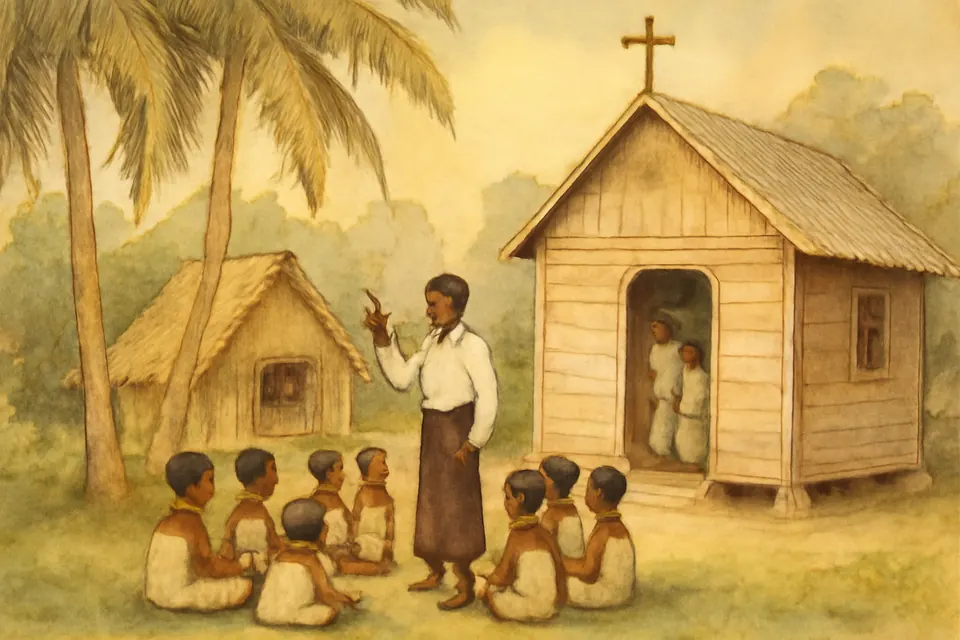Illustration of a young catechist teaching village children under coconut palms beside a small wooden mission chapel in the 1930s