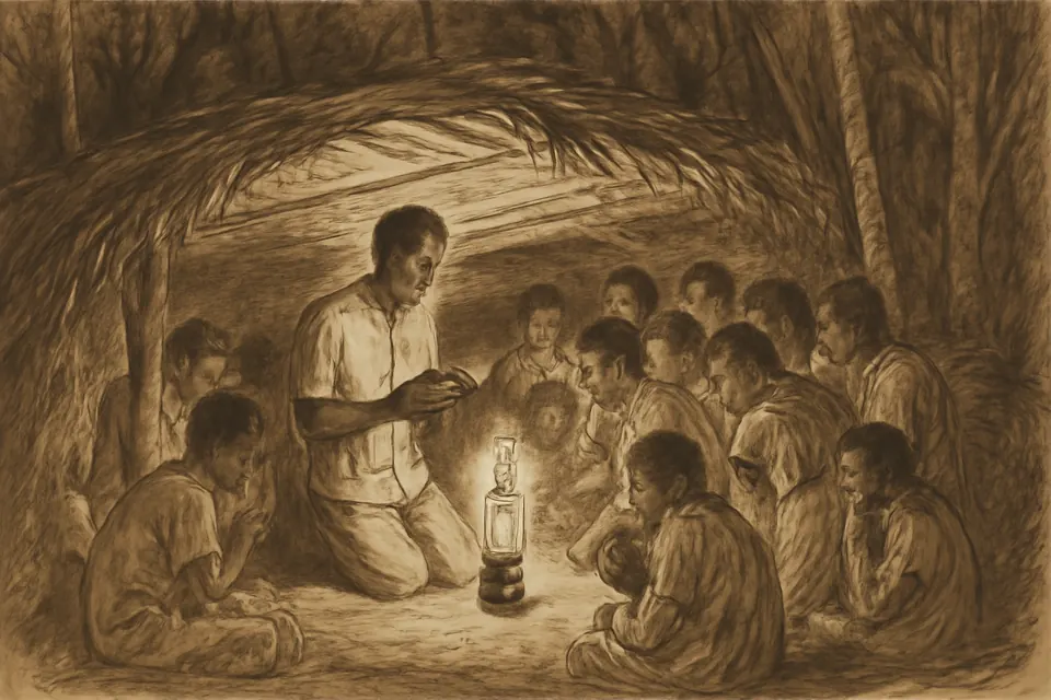 Illustration of villagers kneeling in prayer by lamplight in a hidden shelter in the bush, led by a young catechist with a crucifix