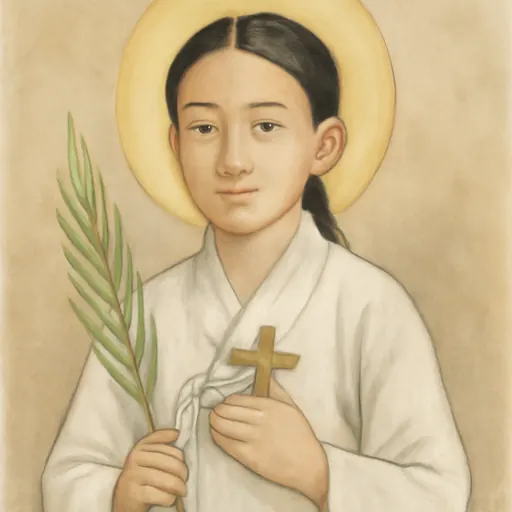Watercolor-style portrait of St. Peter Yu Tae-chol, a Korean boy of about thirteen in a white hanbok, holding a martyr's palm, with a calm, gentle face