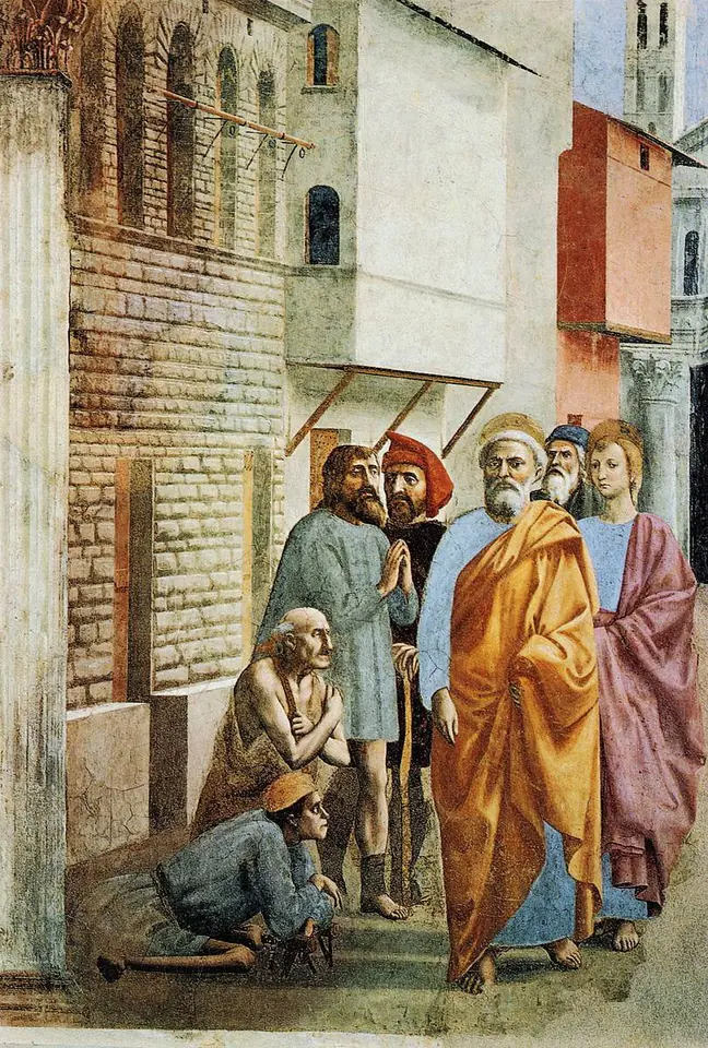 Fresco of Peter in a yellow cloak walking down a narrow Florentine street with John, as crippled men kneel and rise where his shadow falls